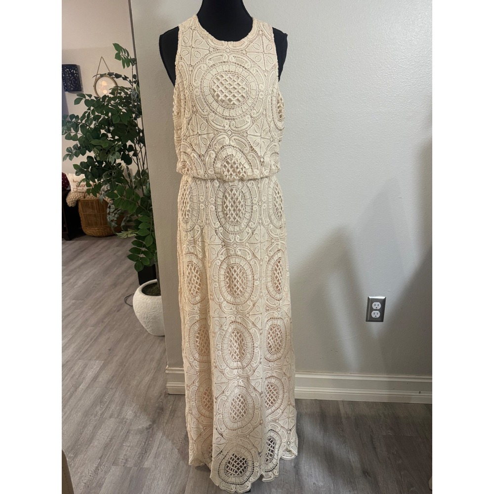 Cream Sleeveless Geometric Lace Maxi Dress Keyhole Back Blouson Waist Ivory 6
